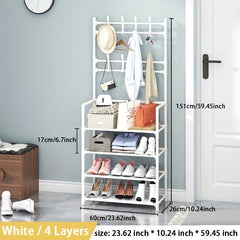 4 Tier Standing Shoe Rack with 8 Hooks - Multi-functional Shoe and Hat Rack