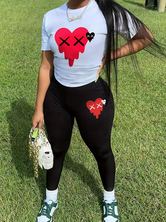 Women's Plus Heart Print Crop Top & Pants Set