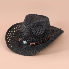 Western Cowboy Straw Hat With Large Wood Beads Turquoise Leather Belt