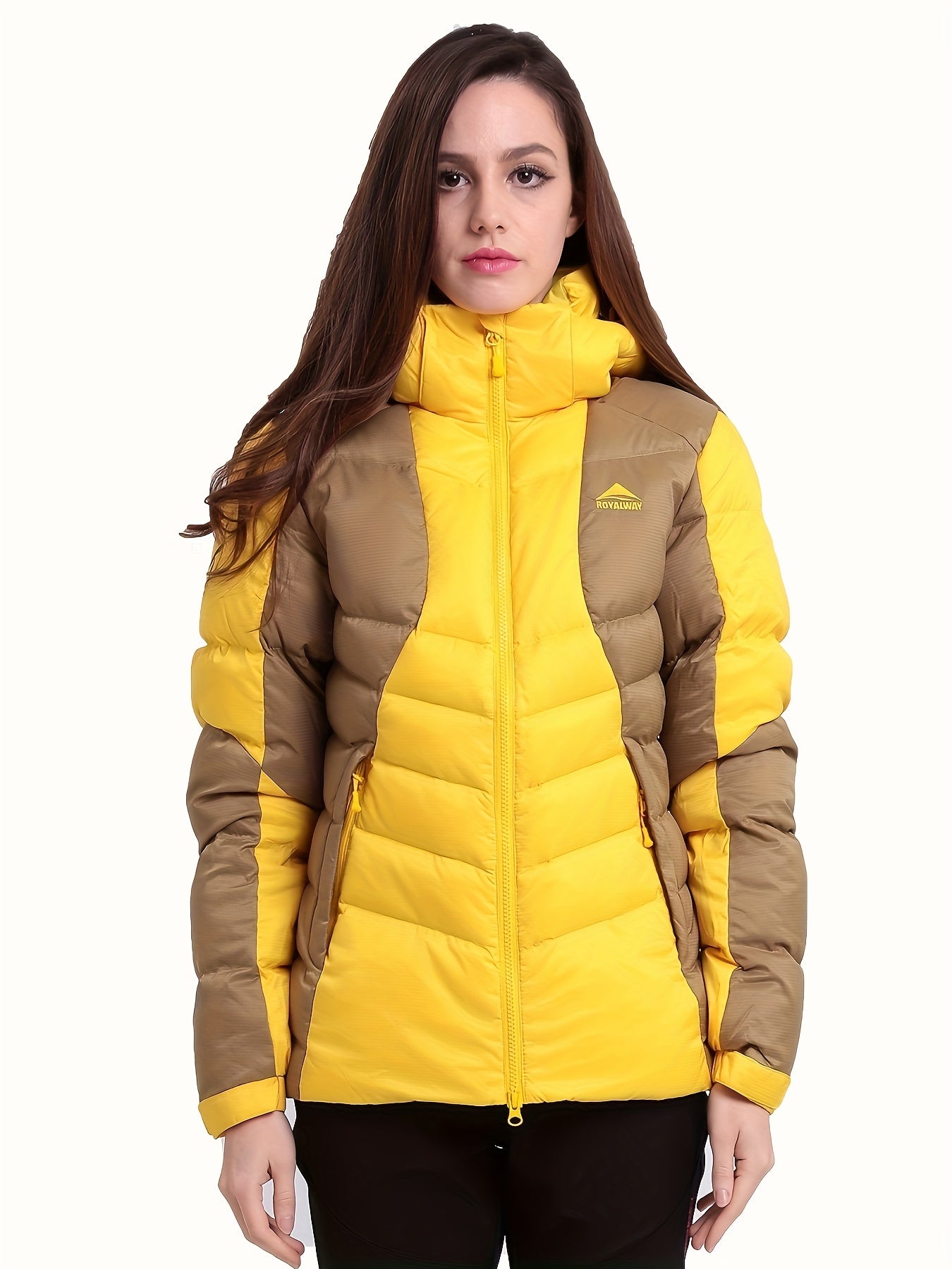 Women Long Down Jacket Two Tone Winter Puffy Coat Hoodie