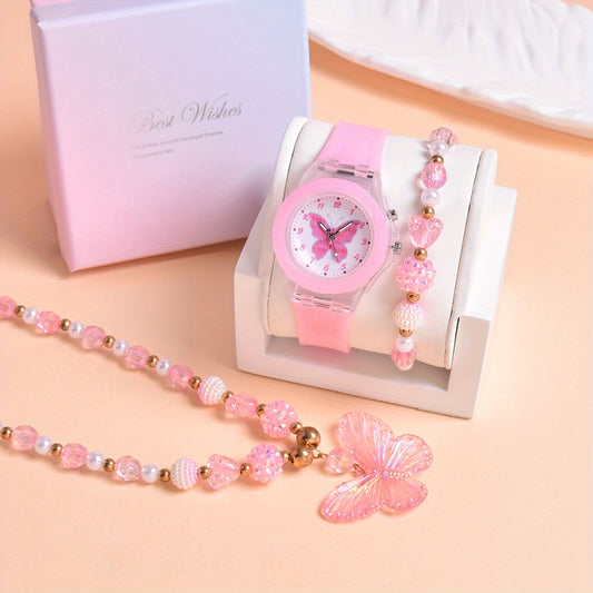 3pcs Set Girls Butterfly Quartz Watch LED Flashing Luminous Wristwatches