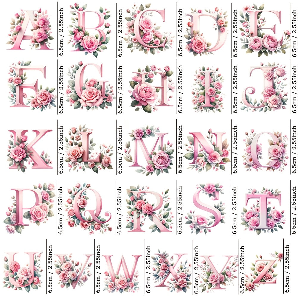 27pcs Pink Floral Alphabet UV Transfer Paper Waterproof Self Adhesive Decals