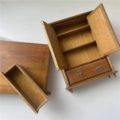 Vintage Wooden Dollhouse Wardrobe Cabinet with Double Doors and Drawers