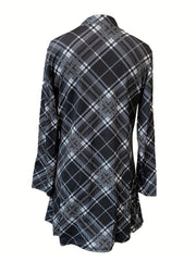  Plaid Print Half Sleeve Mock Neck Mini Dress