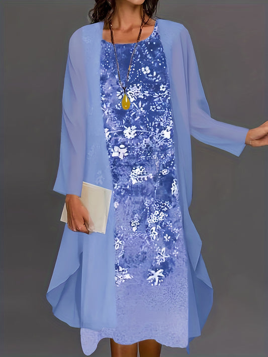  Tie Dye Floral Print Tank Dress Set with Long Sleeve Coat