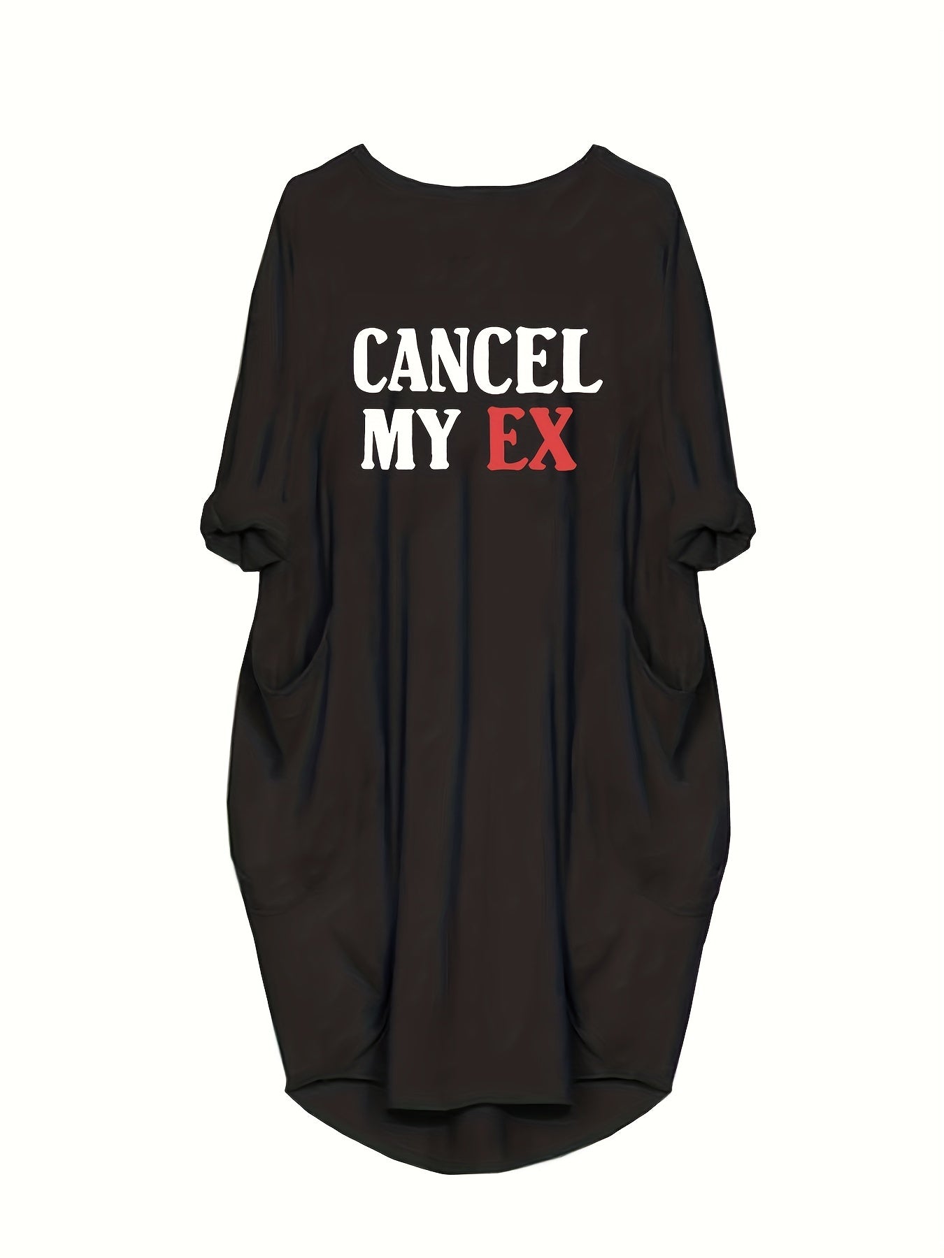  Letter Print Long Sleeve Casual Dress With Pockets