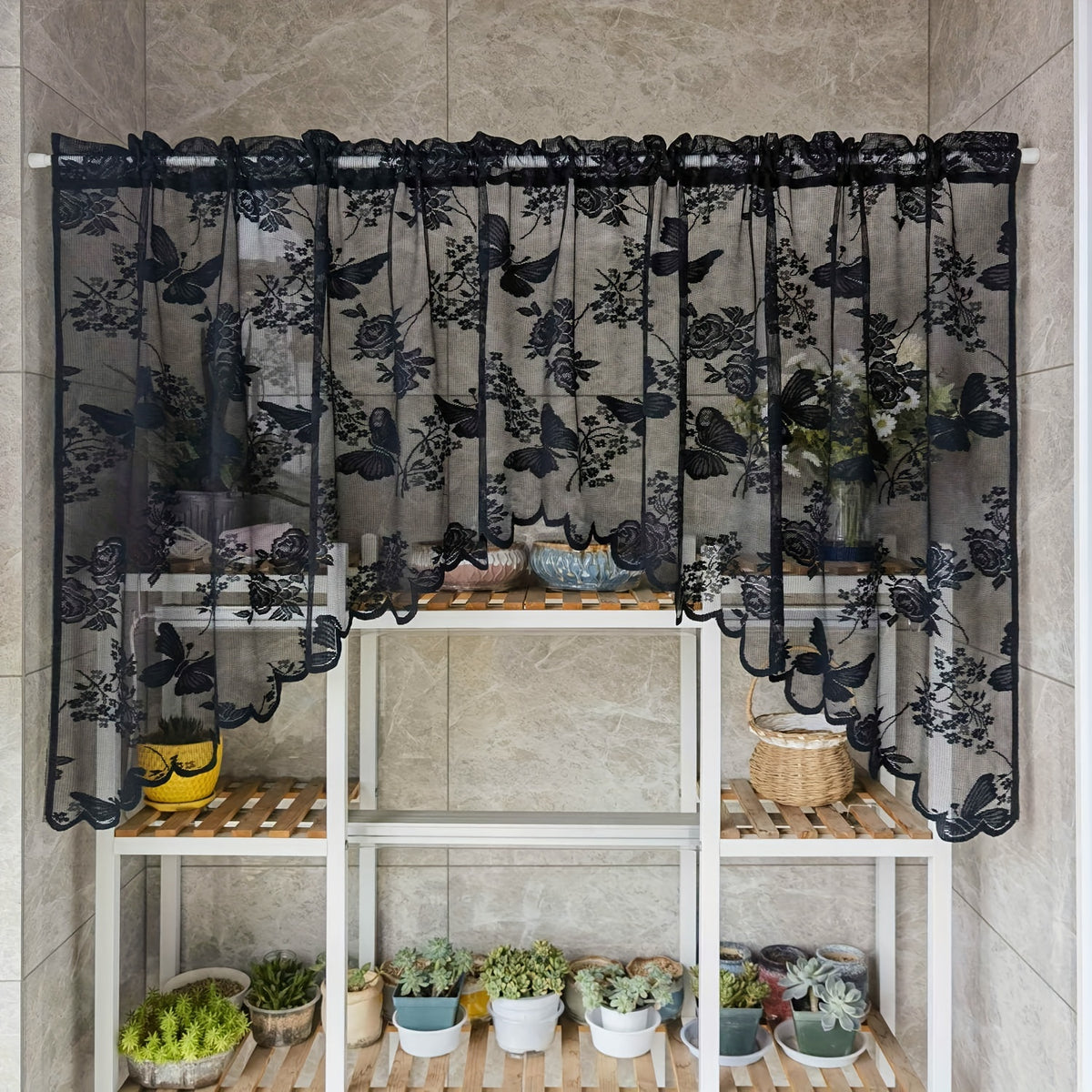 Lace Butterflies Floral Valance Sheer Curtain