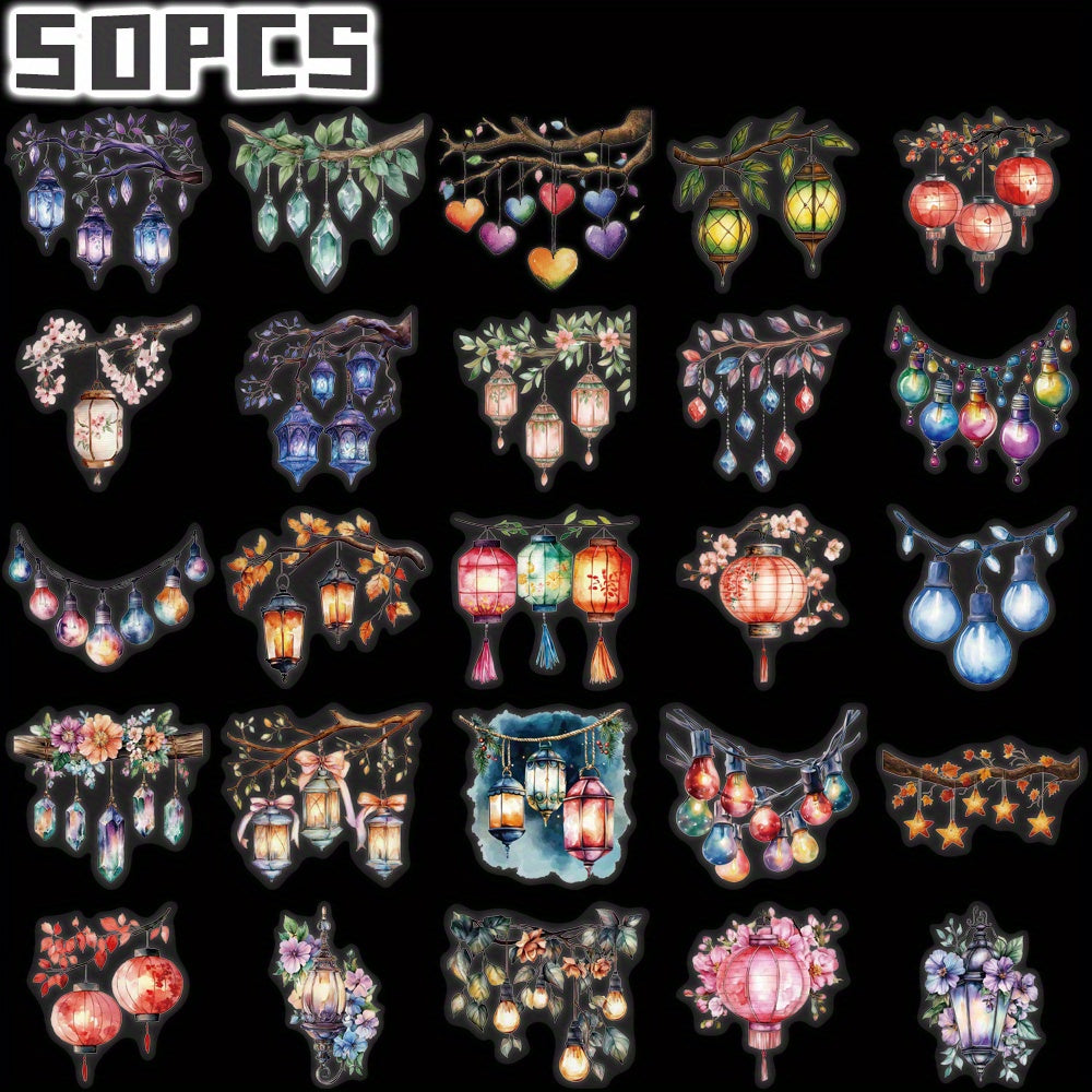 50pcs Lantern Themed Stickers Non Repeating Floral & Heart Designs