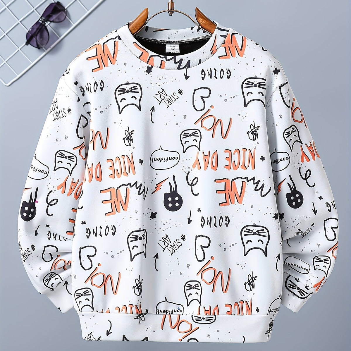 Letter And Cat Boys Full Print Sweatshirt Crew Neck Tops