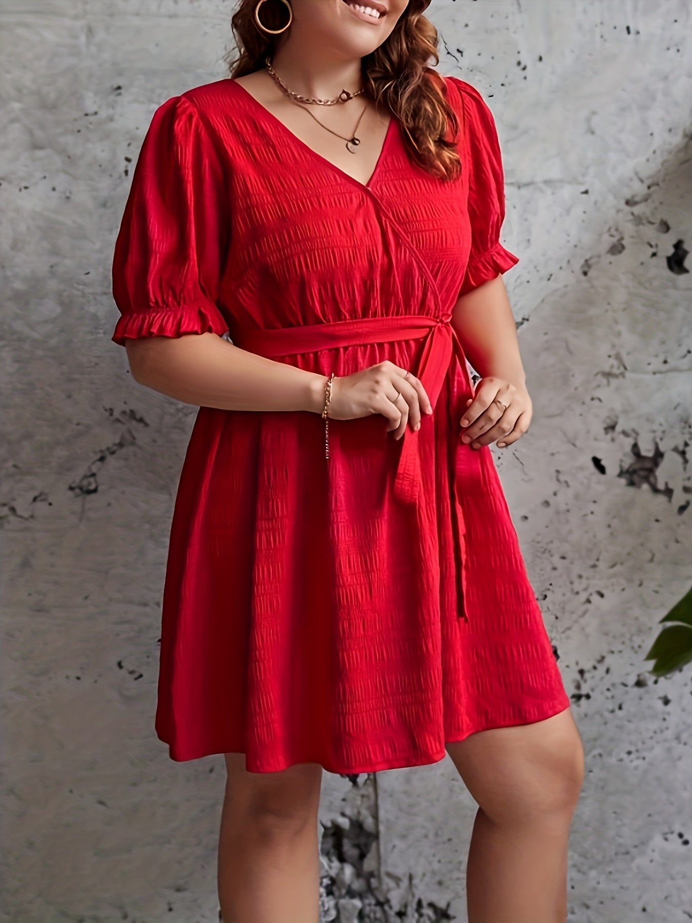 Plus Size Solid Ruffle Trim Puff Sleeve Dress With Belt