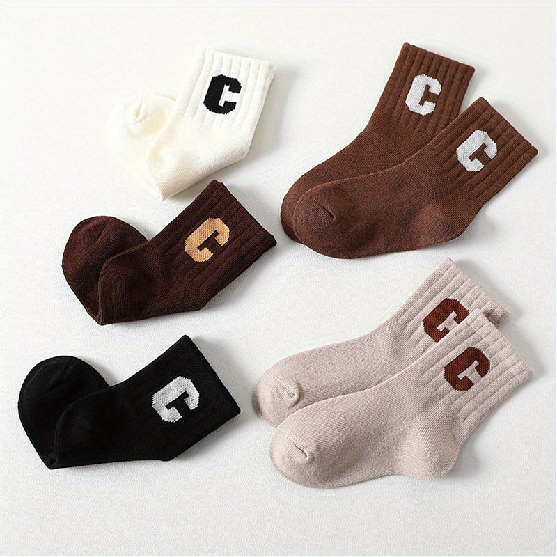 5 Pairs Kids Letter C Print Crew Socks Breathable