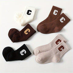 5 Pairs Kids Letter C Print Crew Socks Breathable