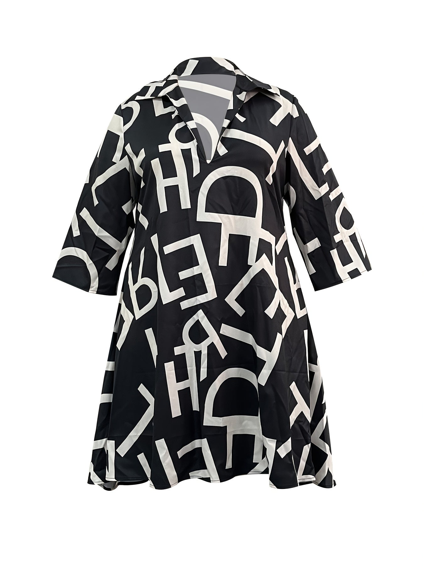 Women's Plus Letter Print Long Sleeve V Neck Dress