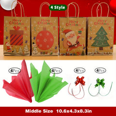 Christmas Gift Bag Set Large Medium Small 8 Paper Wrappers 8 Ribbon Bows