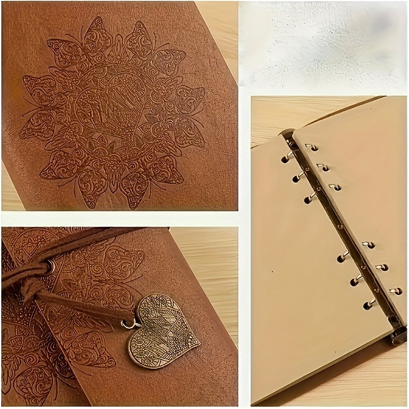 Dark Brown Faux Leather Notebook Retro Style Heart Shaped Pendant