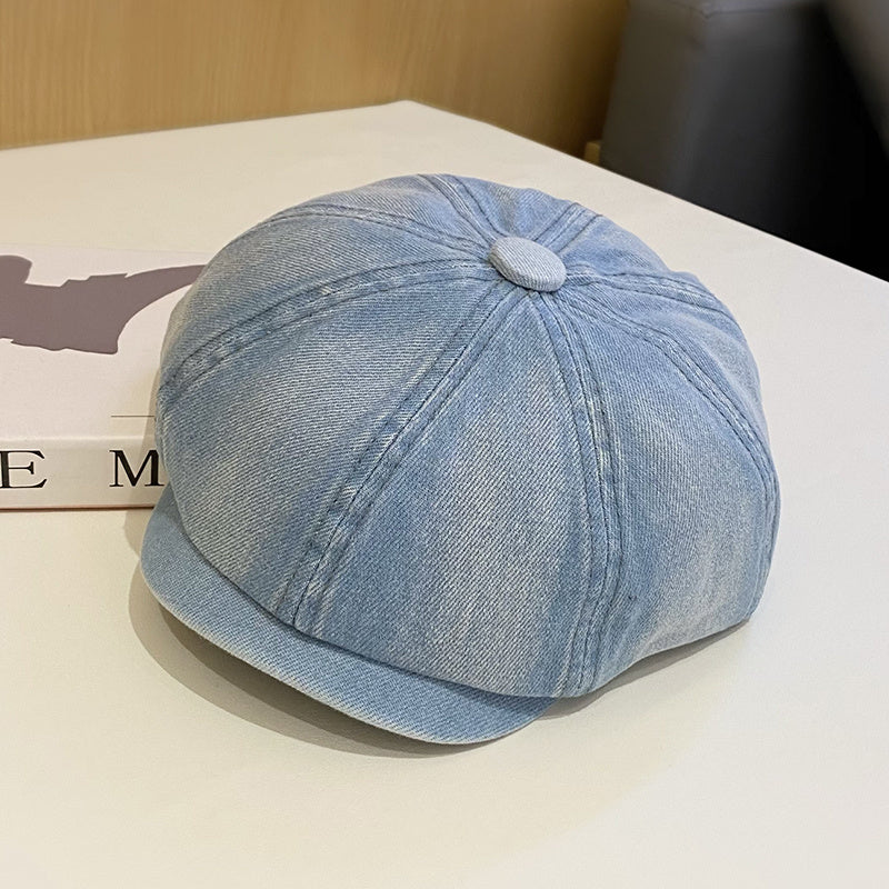 Vintage Washed Denim Beret Women's Short Brim Duck Tongue Hat