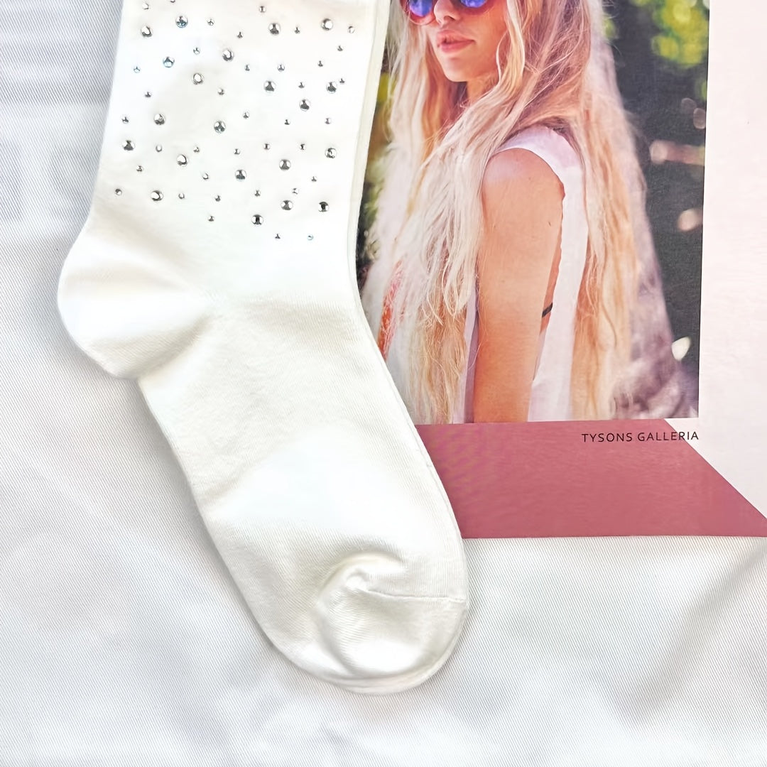 Rhinestone Decor Crew Socks Women's Stockings