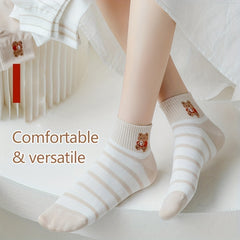 6 Pairs Bear Print Striped Socks Crew Short Stockings