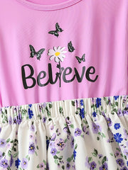 Girls Butterfly & Flowers Graphic Batwing Sleeve Princess Dress