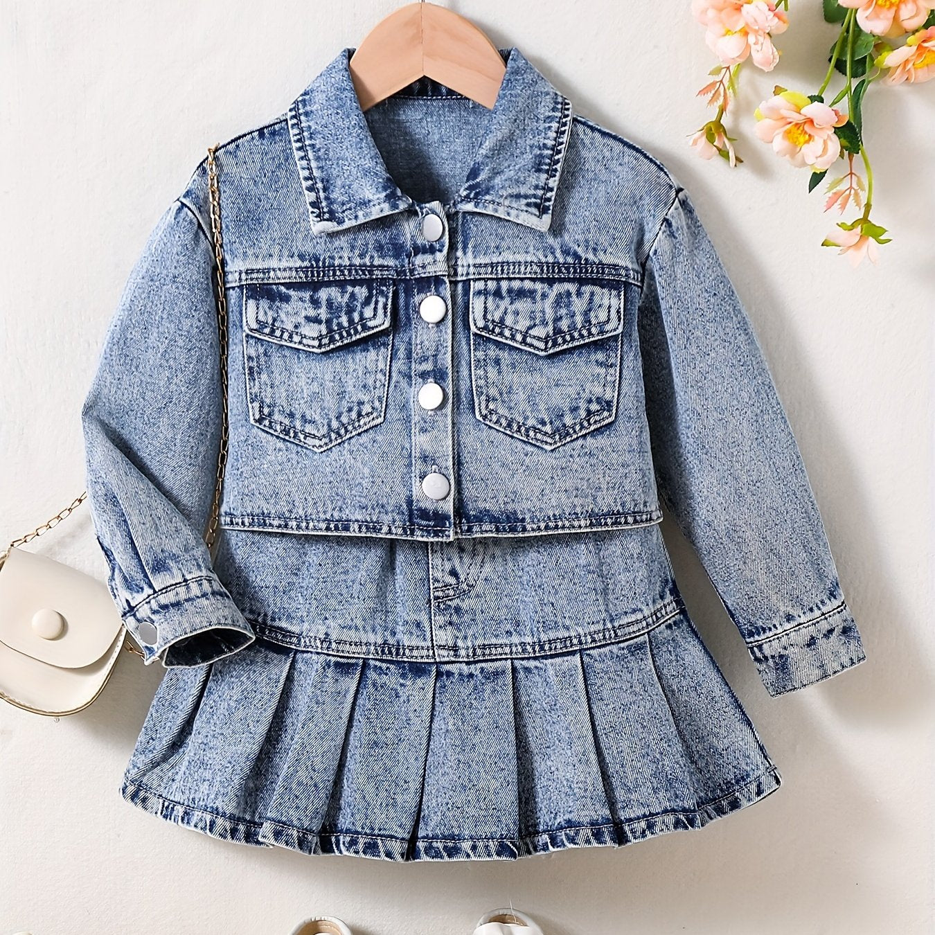 Girl's Denim 2pcs Button Front Jacket & Skirt Set Y2K Style