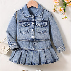 Girl's Denim 2pcs Button Front Jacket & Skirt Set Y2K Style