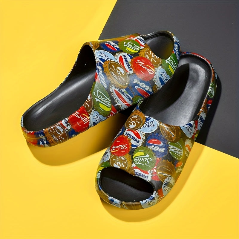 Men's Retro Bottle Cap Print Platform Slide Sandals