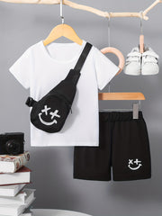 3pcs Boys Casual Short Sleeve T shirt & Shorts Set + Crossbody Bag