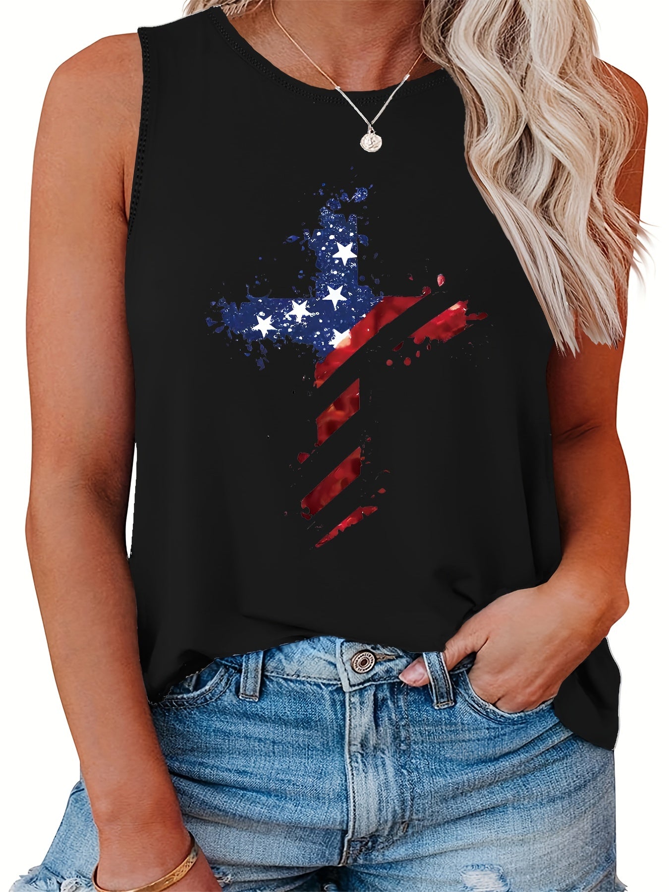  Casual Tank Top Women's Plus Flag Pattern Cross Print Tank Top