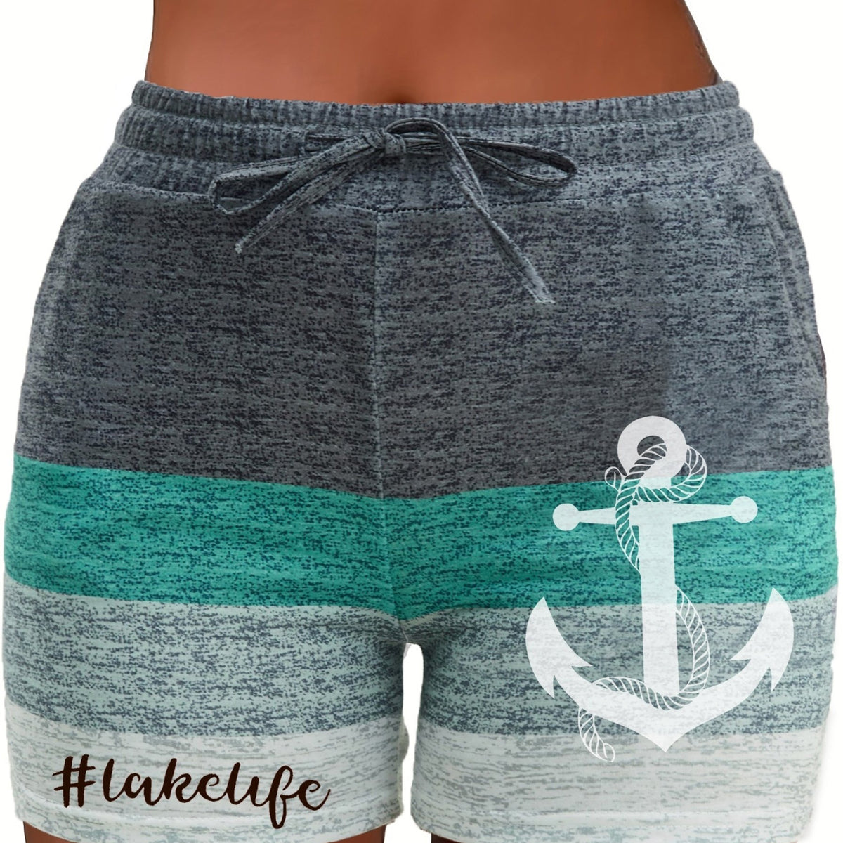 Anchor Print Colorblock Drawstring Shorts