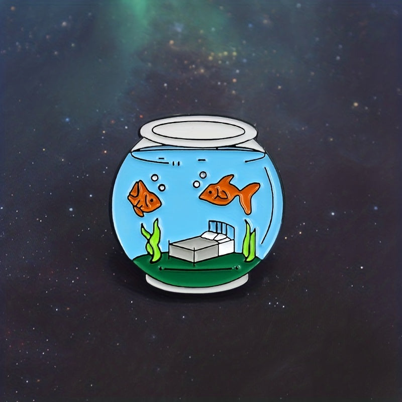 Cartoon Fish Tank Brooch with Seaweed Design