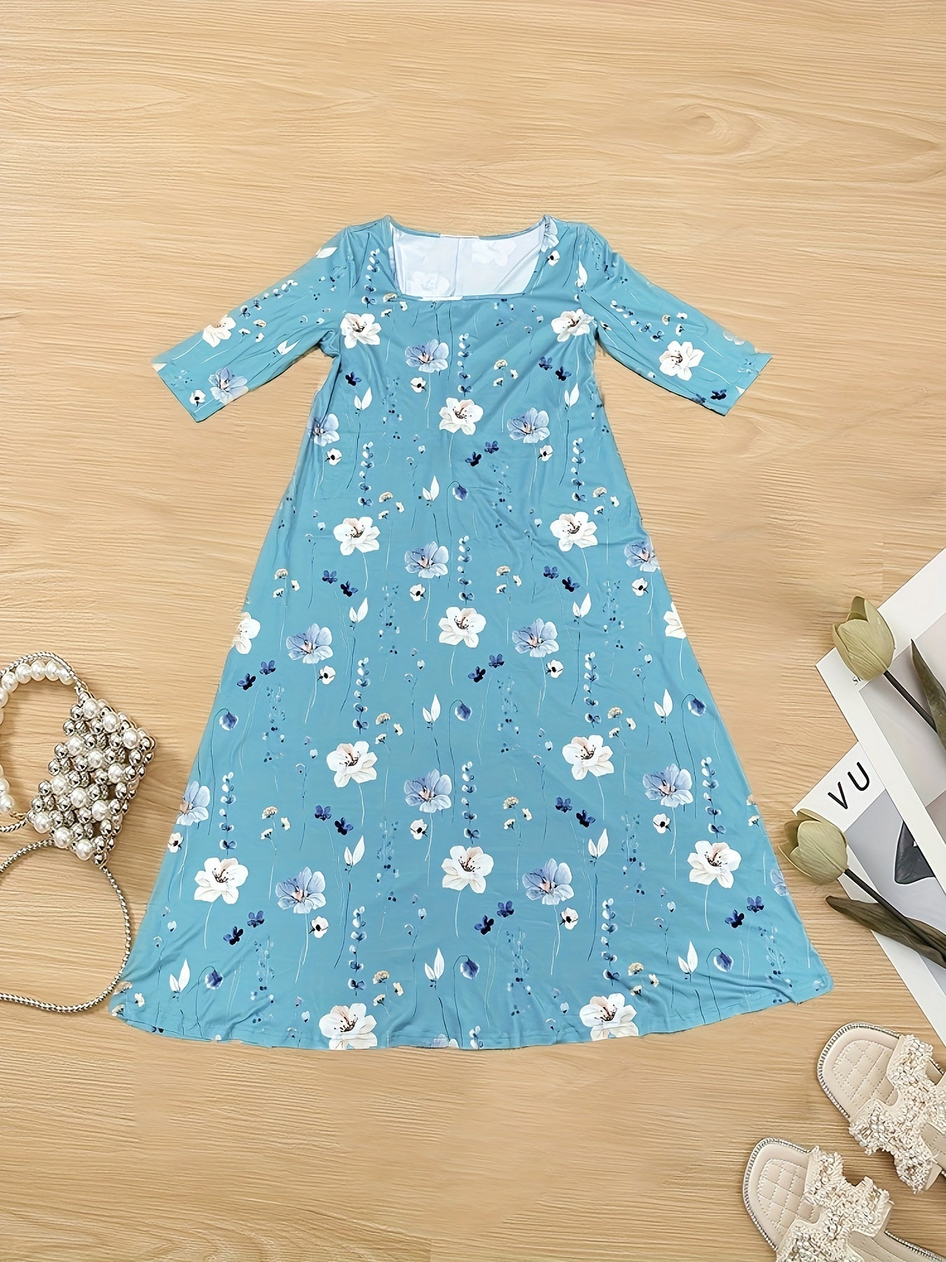 Floral Print Short Sleeve Square Neck Maxi Dress