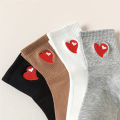 4 Pairs Heart Embroidery Socks Mid Tube Stockings