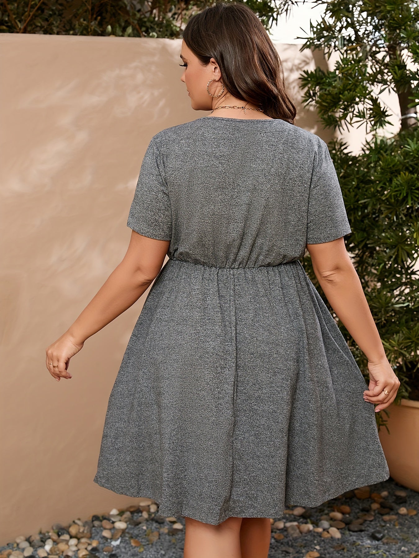  Casual Dress Women's Plus Button Decor Short Sleeve Dress