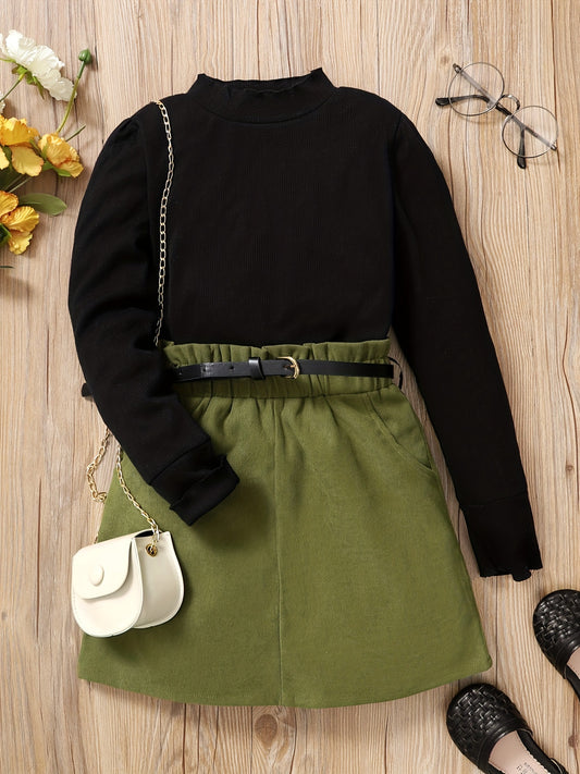 Girls Stylish Pullover Top & Skirt Set With Belt
