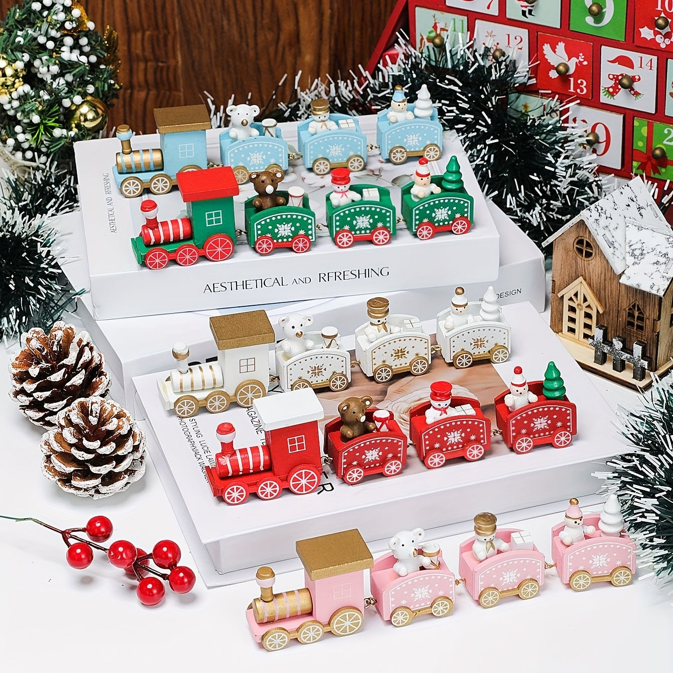 1pc Christmas Wooden Train Ornament Window Garden Tabletop Decoration