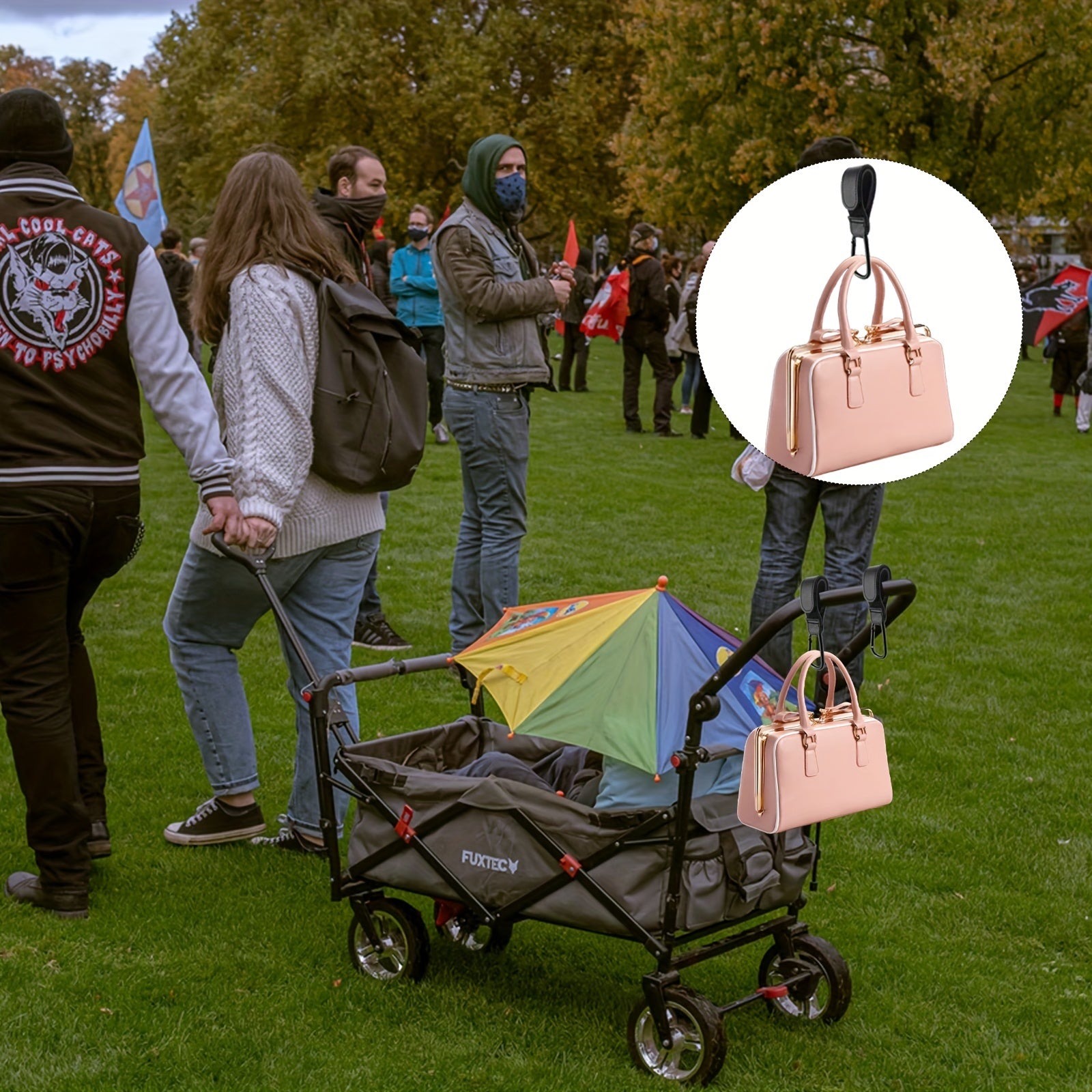 2pcs Leather Stroller Hooks - Heavy Duty Multipurpose with Grocery Shopping Bag
