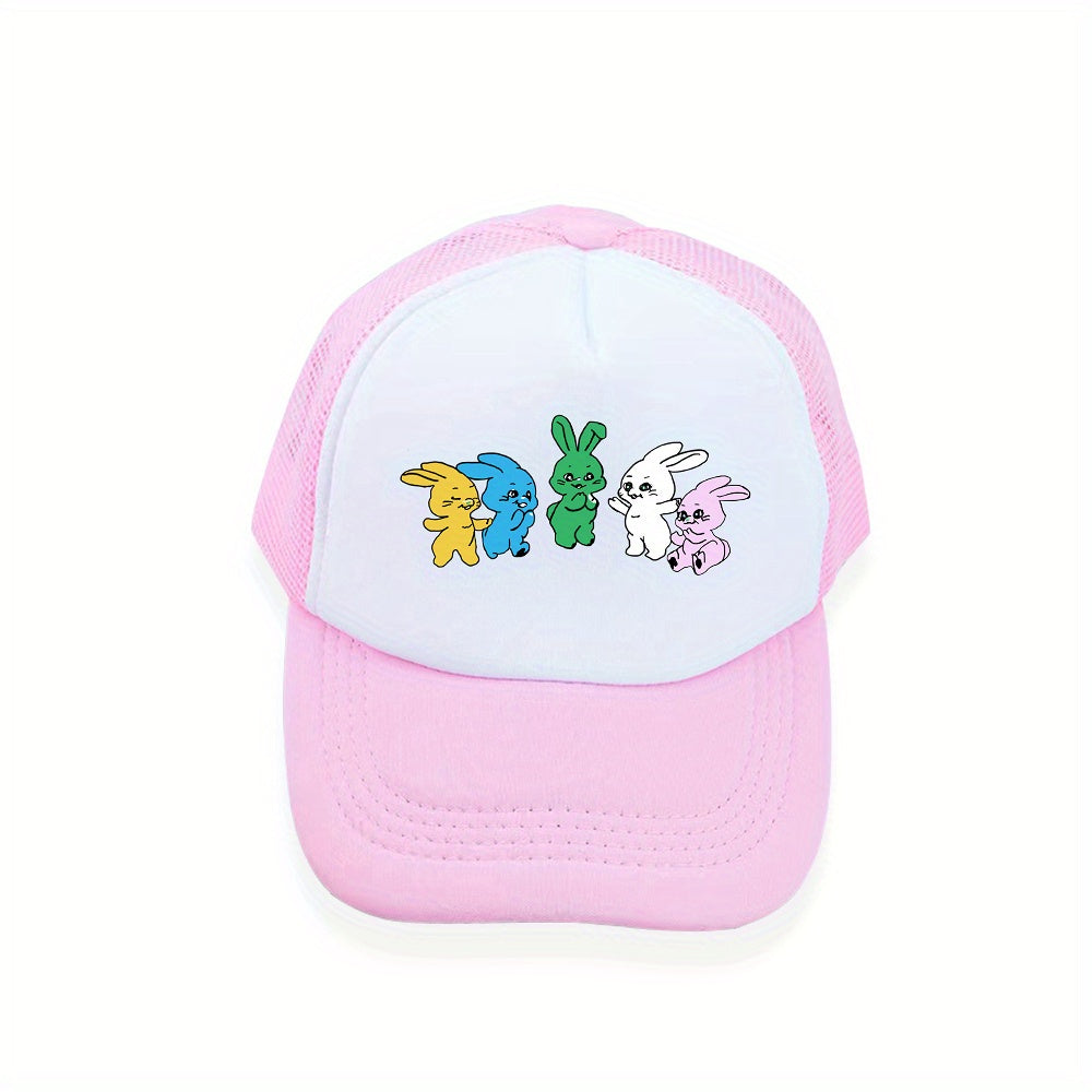 Colorful Rabbit Print Trucker Hat Y2K Pink Baseball Cap Mesh Kpop Sun Hat