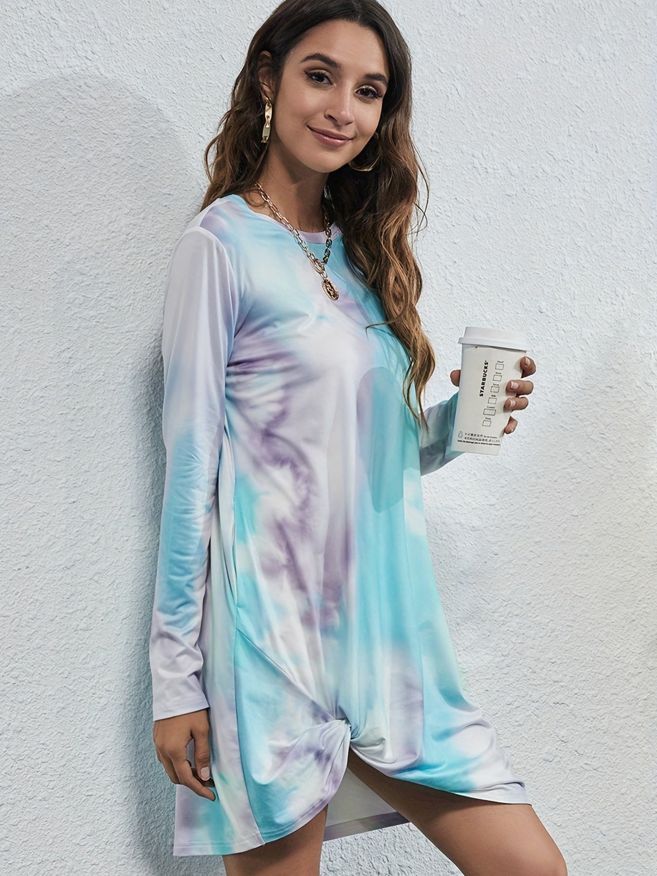  Tie Dye Long Sleeve Twist Front Tee Dress