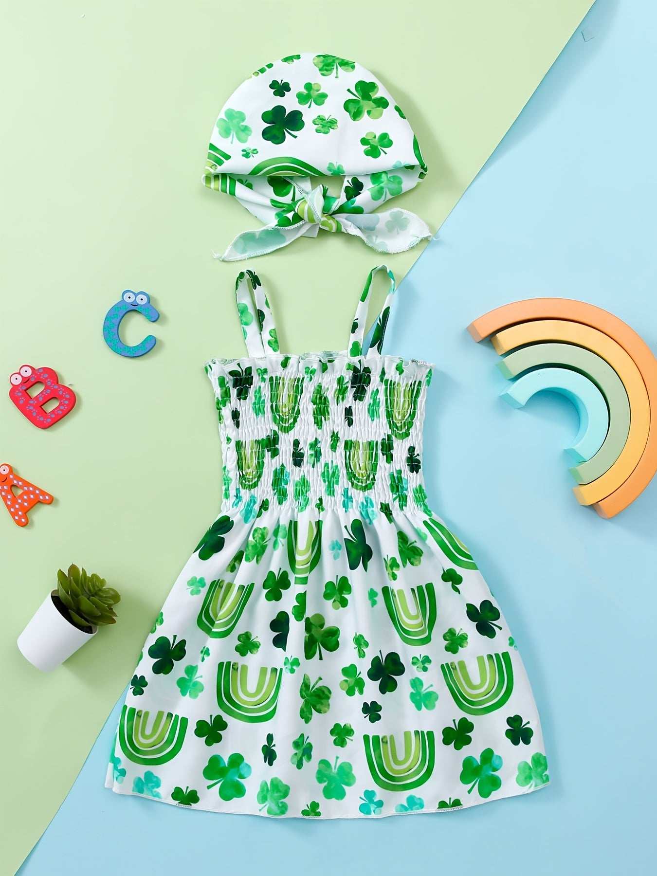 Girls Flower & Rainbow Frill Trim Shirred Dress & Headband Set