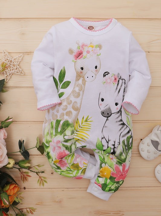 Baby Girls Cotton Long Sleeve Jumpsuit with Floral Print