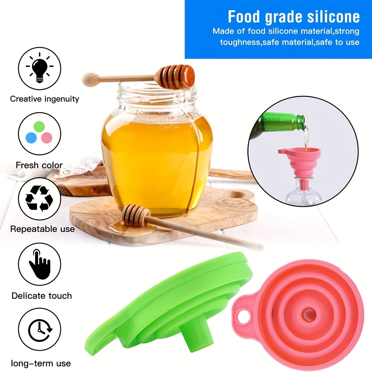 3pcs Portable Silicone Funnel Collapsible for Kitchen and Wine
