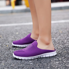 Women's Knit Flat Mules Comfy Solid Closed Toe Non Slip Slides Shoes