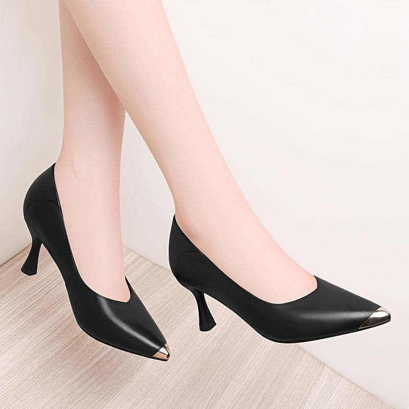 Metal Pointed Toe Kitten Heels Soft Leather Stiletto Pumps