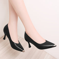 Metal Pointed Toe Kitten Heels Soft Leather Stiletto Pumps