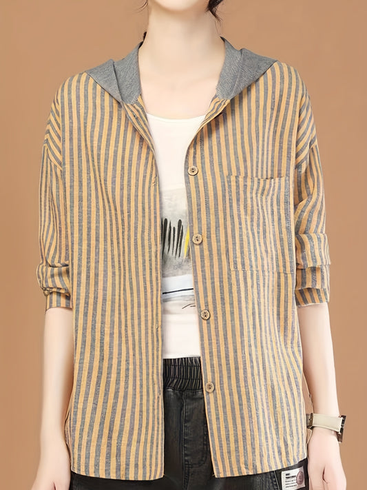 Striped Button Front Hooded Jacket Spring & Fall Women's Clothing