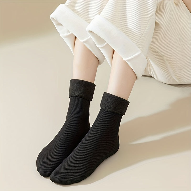 5 Pairs Plush Lined Socks Comfy Warm Ribbed Crew Socks Women's Stockings