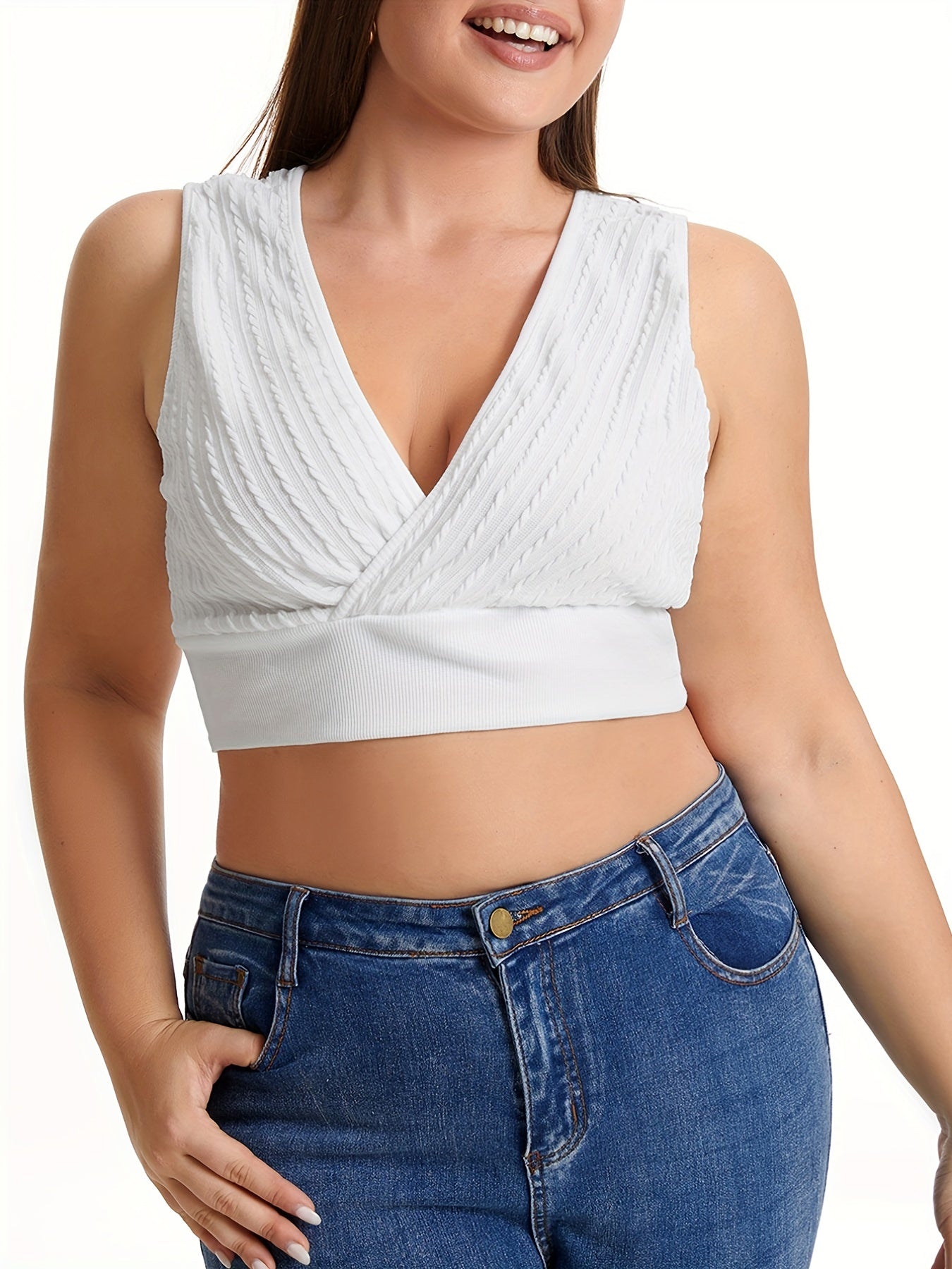  Jacquard Solid V Neck Tank Crop Top