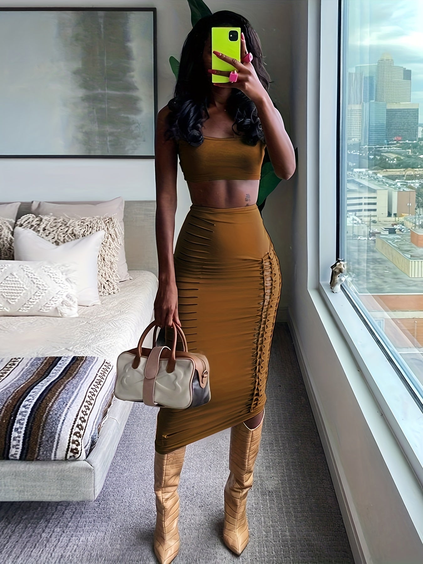 Sexy Solid Slim Two piece Skirt Set Crop Cami Top & Cut Out Skirt
