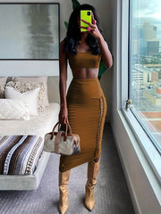 Sexy Solid Slim Two piece Skirt Set Crop Cami Top & Cut Out Skirt