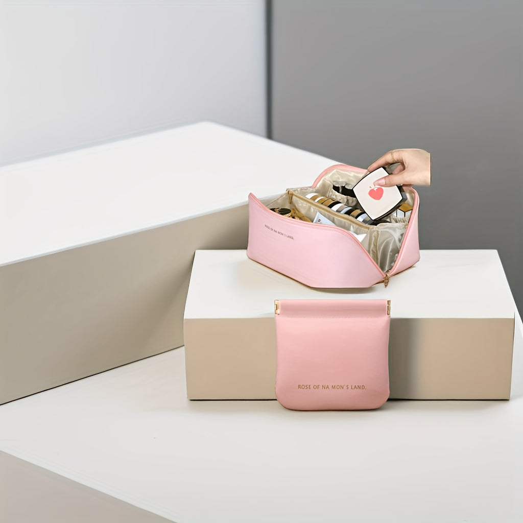 2 Pcs Large Capacity Cosmetic Bag Toiletry Wash Bag Travel Makeup Bag PU Leather